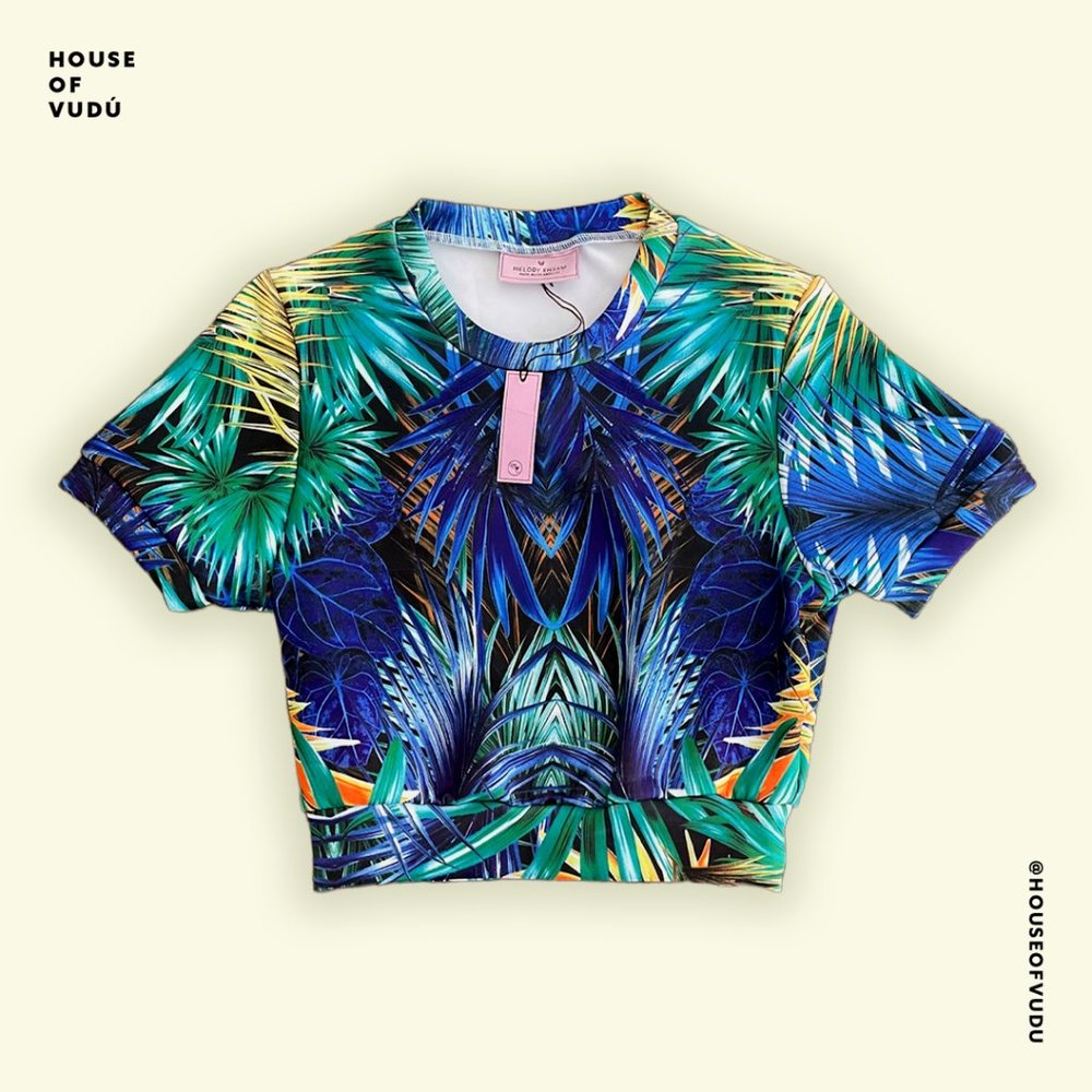 Melody Ehsani Tropical Print Neoprene Crop Top Large